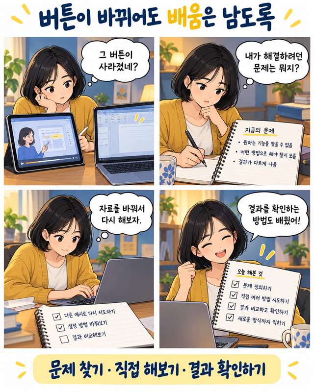 버튼이 바뀌어도 배움은 남도록. 사라진 버튼에 당황한 사람이 해결할 문제를 적고, 자료를 바꿔 다시 해보고, 결과를 확인하는 방법까지 배우는 4컷 인스타툰