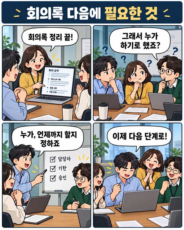 회의록 다음에 필요한 것. 회의록 정리가 끝났지만 누가 하기로 했는지 몰라 헤매던 팀이 담당자, 기한, 승인을 정하고 다음 단계로 나아가는 4컷 인스타툰