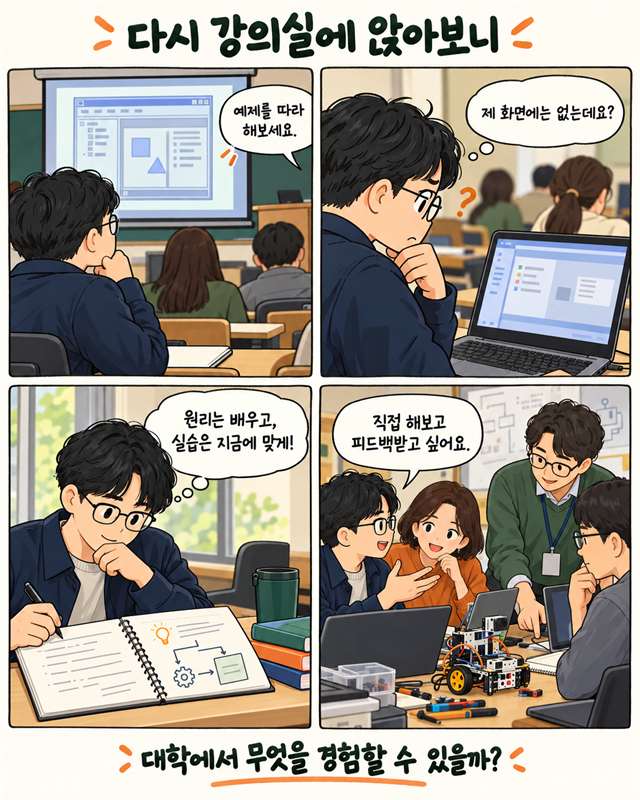 다시 강의실에 앉아보니. 예제를 따라 하다 화면이 달라 당황한 학생이 원리는 배우고 실습은 지금에 맞게 하며, 직접 해보고 피드백받고 싶어 하는 4컷 인스타툰