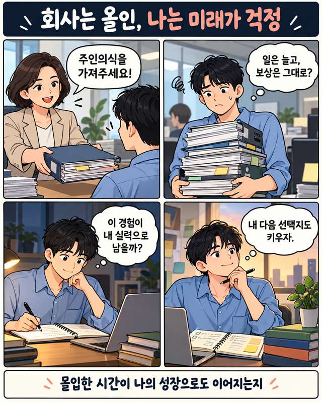 회사는 올인, 나는 미래가 걱정. 주인의식을 요구받고 일은 늘어나지만 몰입한 시간이 나의 성장으로 이어지는지 고민하는 직장인 4컷 인스타툰