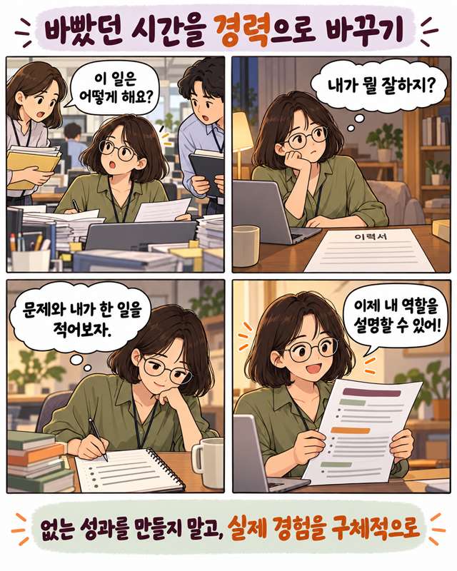 바빴던 시간을 경력으로 바꾸기. 회사에서는 모두가 찾지만 이력서 앞에서 막막한 직장인이 문제와 내가 한 일을 적어보며 역할을 설명하게 되는 4컷 인스타툰