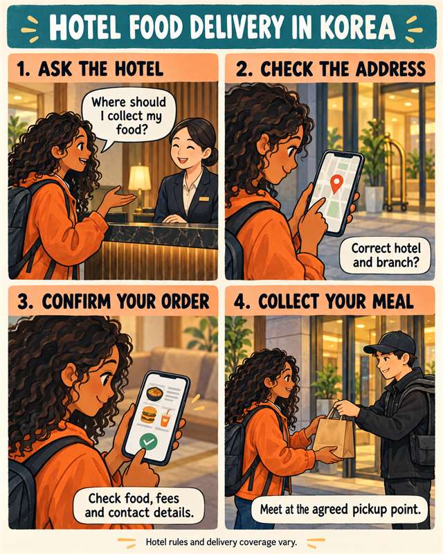 Hotel food delivery in Korea: a four-panel comic showing how to ask the hotel, check the address, confirm your order, and collect your meal
