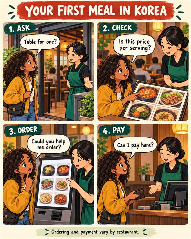 Your first meal in Korea: a four-panel comic showing how to ask, check, order, and pay at a Korean restaurant