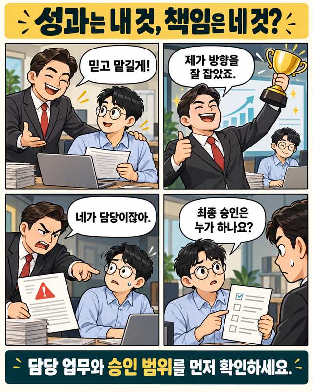 성과는 내 것, 책임은 네 것? 믿고 맡긴다던 상사가 문제가 생기자 담당자 탓을 하는 4컷 인스타툰