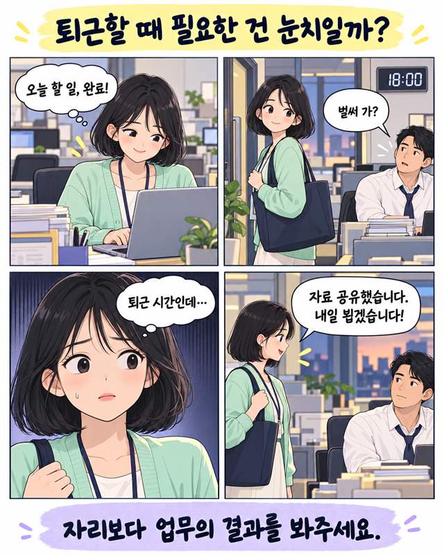퇴근할 때 필요한 건 눈치일까? 할 일을 마치고 퇴근하는 직원에게 벌써 가냐고 묻는 상사 4컷 인스타툰