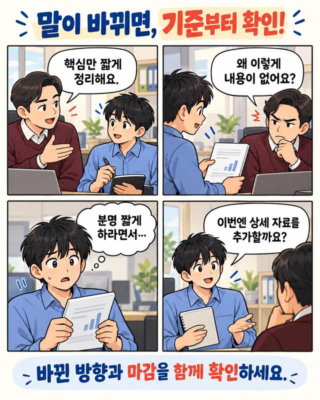 말이 바뀌면 기준부터 확인! 핵심만 짧게 하라던 상사가 내용이 없다고 말하는 4컷 인스타툰