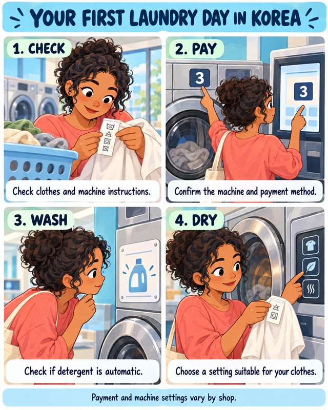 Your first laundry day in Korea: a four-panel comic showing how to check your clothes, confirm the machine number when paying, check whether detergent is automatic, and choose a suitable drying setting