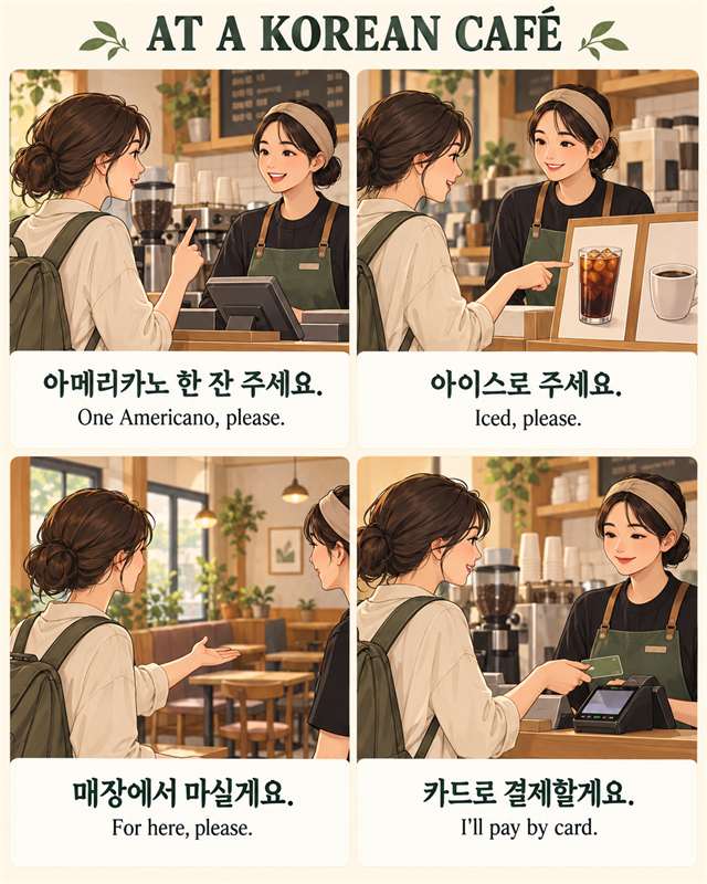 At a Korean café: a four-panel comic showing how to order one Americano, ask for it iced, say you will have it here, and pay by card, with Korean phrases and English translations