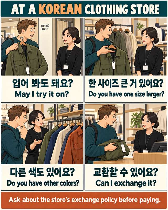 At a Korean clothing store: a four-panel comic showing how to ask to try something on, ask for one size larger, ask about other colors, and ask about an exchange, with Korean phrases and English translations