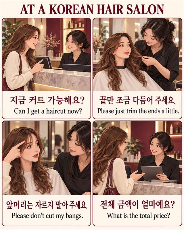 At a Korean hair salon: a four-panel comic showing how to ask for a haircut now, ask to trim just the ends, ask not to cut the bangs, and ask for the total price, with Korean phrases and English translations
