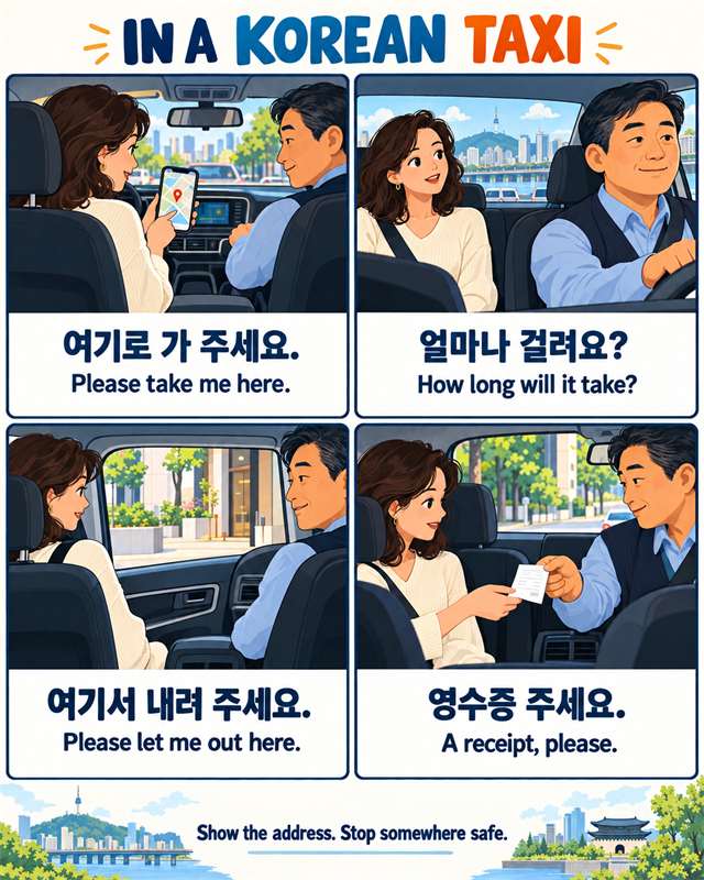 In a Korean taxi: a four-panel comic showing how to show your destination, ask how long it will take, ask to be let out, and ask for a receipt, with Korean phrases and English translations