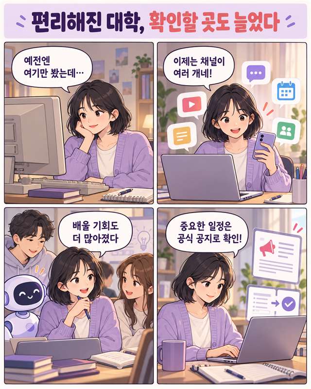 편리해진 대학, 확인할 곳도 늘었다. 예전엔 학사 시스템만 보던 학생이 여러 채널과 AI로 배울 기회가 많아진 것을 느끼고, 중요한 일정은 공식 공지로 확인하는 4컷 인스타툰